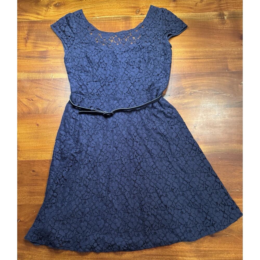 WHBM Womens Navy Lace Overlay Sleeveless Belted Fit Flare Dress Sz 10 - Picture 2 of 8